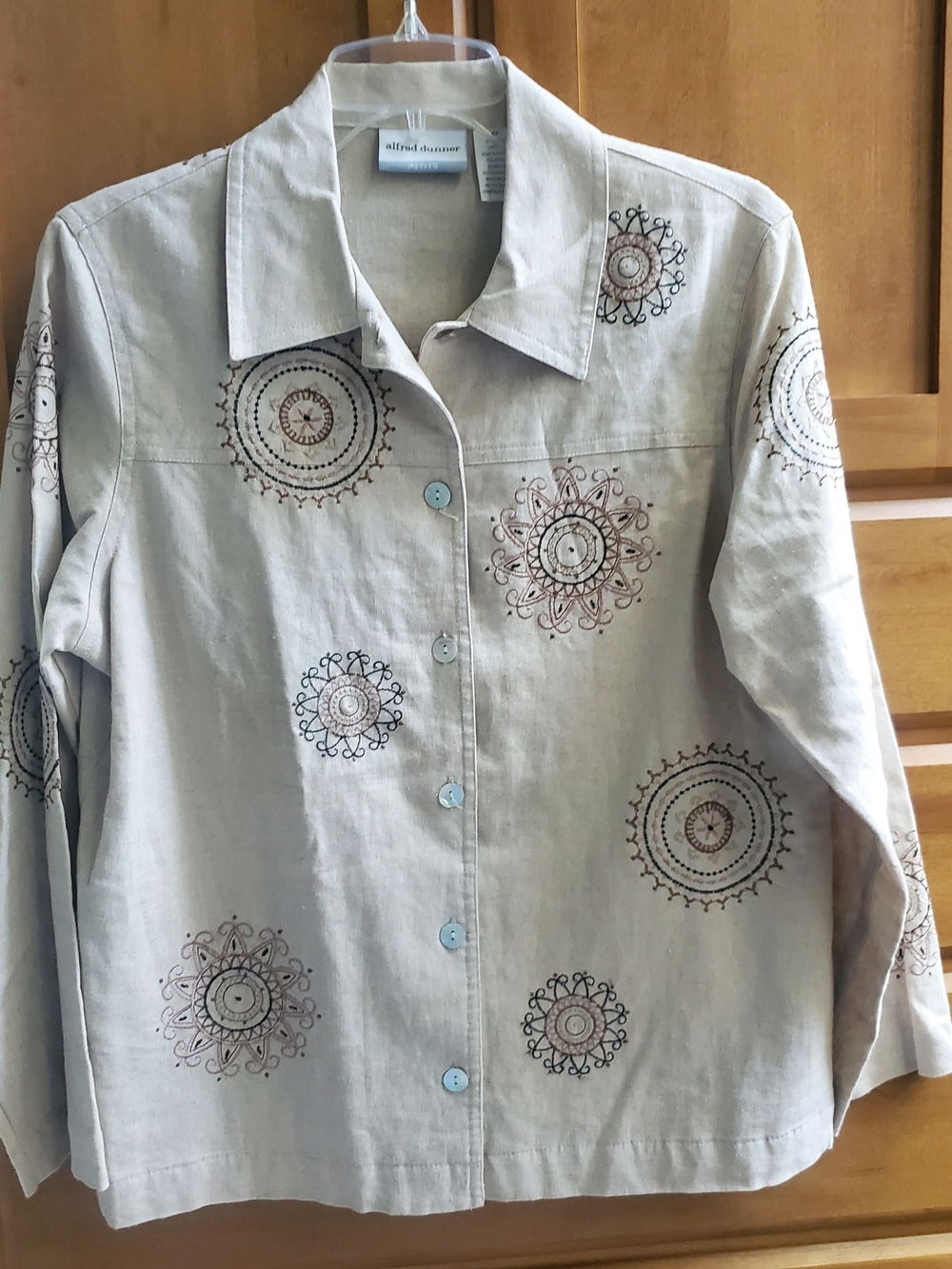 Alfred Dunner Neutral Embroidered Medallion Button-Front Jacket Linen Blend